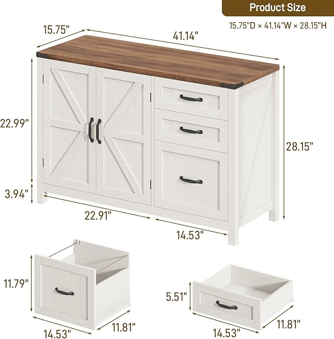 Farmhouse File Cabinet with Doors, Lateral Filing Cabinet with 3 Drawers for Letter/A4 Size Hanging Files, Large Wooden Storage Cabinet with Adjustable Shelves for Home Office, White and Brown