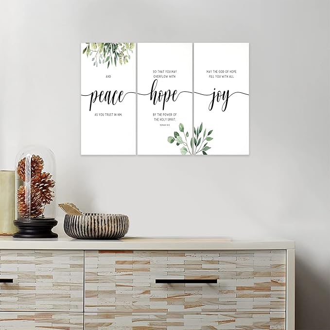 3 Piece Inspirational Wall Art, White Plants Background Picture, Quotes Peace Hope Joy Canvas Print for Home Decor, Triptych Motivational Poster Framed Artwork for Classroom Wall Decor (36" Wx24 H)