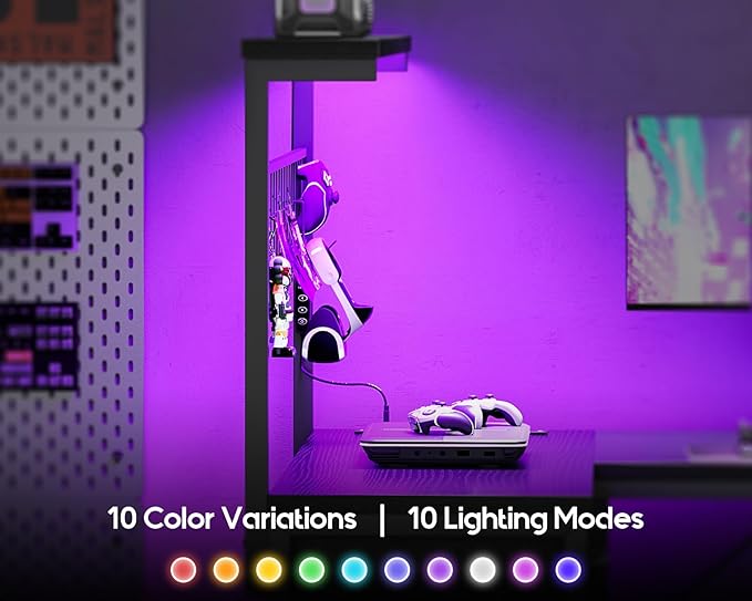 MOTPK 51” Large L Shaped Gaming Desk, Corner Computer Table with Shelf & Hutch, 4 Drawers, Reversible Study Desk with LED Light, Power Outlets & USB Ports, Home Office Table, Black