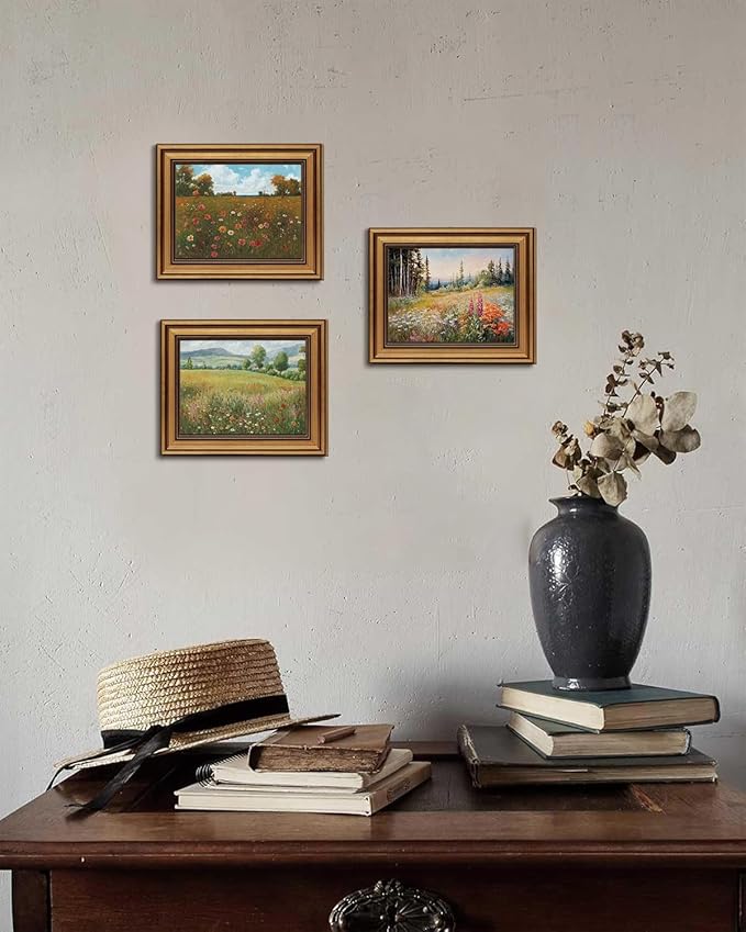 Gold Framed Wall Art Vintage Flower Canvas Wall Art Floral Countryside Landscape Wildflower Artwork Prints Picture for Living Room Bedroom Farmhouse Bathroom Office Decor, 8x10