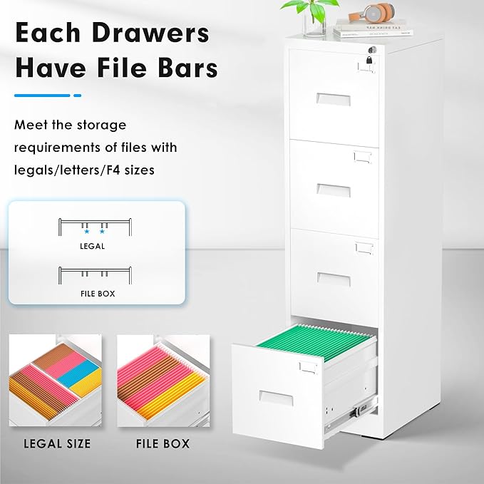 Pataku 4 Drawer File Cabinet with Lock, Sturdy Metal Vertical Filing Cabinets for Home Office, Under Desk Paperwork Storage Fully Extendable Slides Letter Legal A4 Size 18x15x52 Inches, White