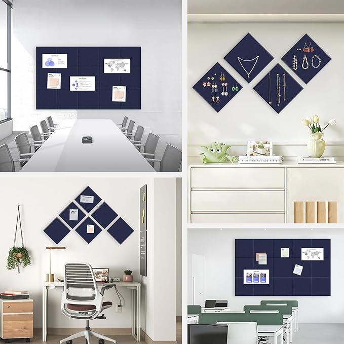 Large Cork Board for Office Wall Decor,48"x36"-12 Pack Felt Wall Tiles with Safe Removable Adhesive Tabs, Thicker 0.47in, Felt Bulletin Board Pin Board Cork Boards for Walls - Dark Blue