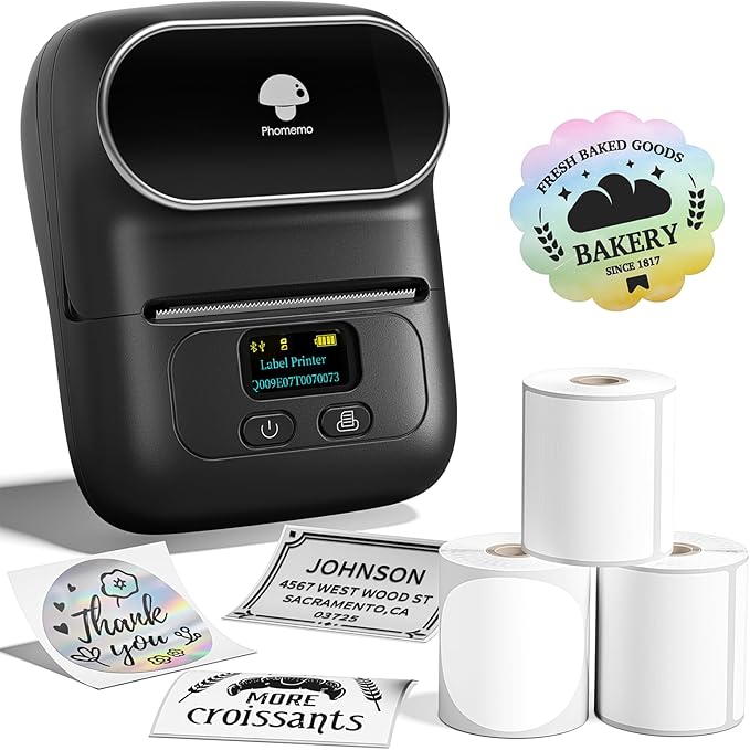 Phomemo Label Printer - M110 Label Maker with 3 Tapes, Mini Portable Barcode Label Printer for Retail, Address, Barcode, Home, for PC/Mac, iOS/Android, Ebony Black