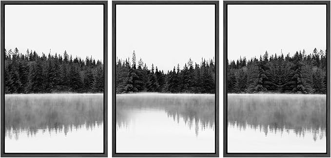 SIGNWIN 3 Piece Framed Canvas Wall Art Woodland Nursery Decor Black and White Forest with Lake Nature Abstract Traditional Home Artwork Decoration for Living Room,Bedroom - 16"x24"x3 Black