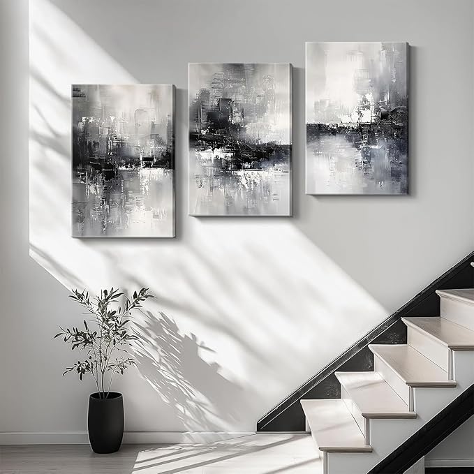Dytila 3 Piece Large Black And White Abstract Canvas Wall Art for Living Room, Black And Grey Wall Decor, Modern Minimalist Art Print Pictures, Home Artwork - Dining Room Office Framed 12x16 Inch