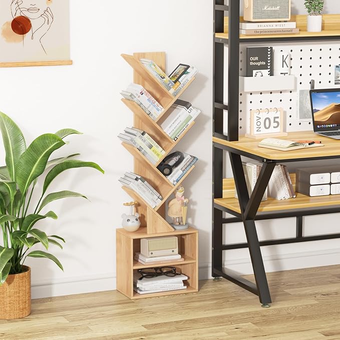 10 Tier Tree Bookshelf,Christmas Green Bookcase for Narrow Space, Storage Organizer Floor Standing Bookshelves for Books, Tall Book Case for Home Office, Living Room, Bedroom
