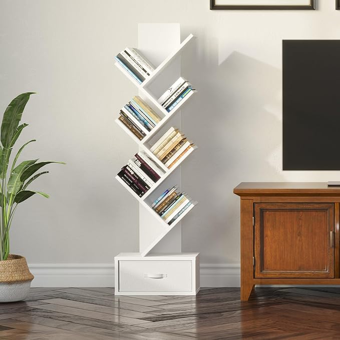 Rolanstar 7 Tier Bookshelf with Drawer, Tree Bookshelf, Small Bookshelves with Storage Rack for CDs/Movies/Books, Standing Book Shelf, Tall Narrow Bookcase for Living Room, Bedroom, White