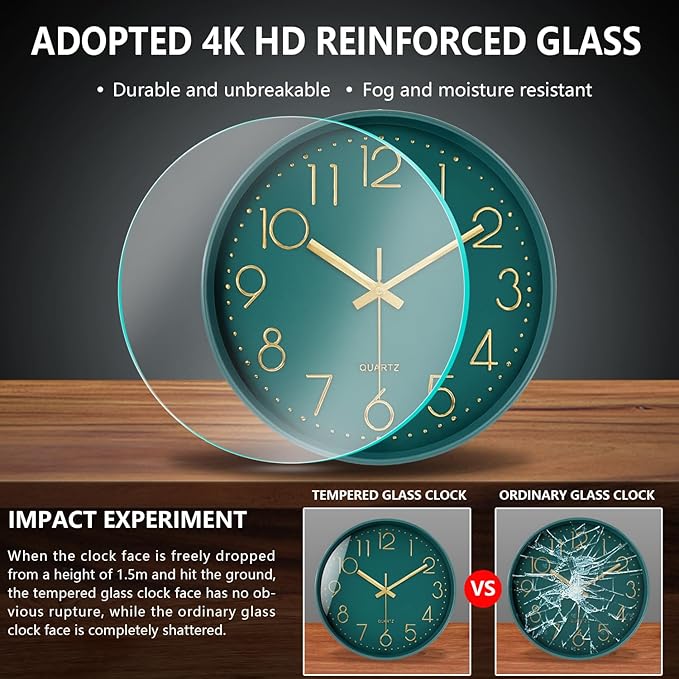 Wall Clock, Silent Wall Clocks Battery Operated 10 Inch- Modern Non Ticking Analog Clock with Large Numerals Tempered Glass Clocks for Bedroom Living Room Kitchen Office Decor, Dark Green
