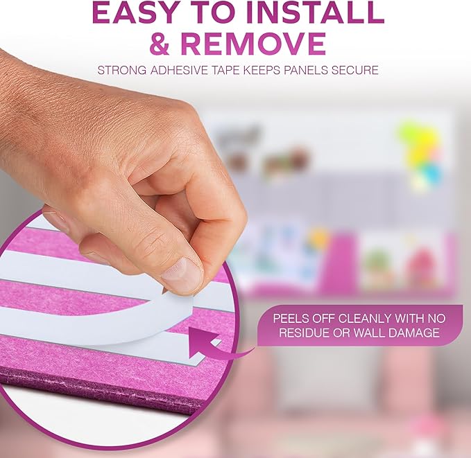 Bulletin Board 40x30in, 12 Count 9.8 x 9.8in Felt Wall Tiles with Removable Adhesive Tape, Cork Board Alternative for Walls, Wall Decor, Kids Art Display, Kids Room (Magenta Accent Collection)