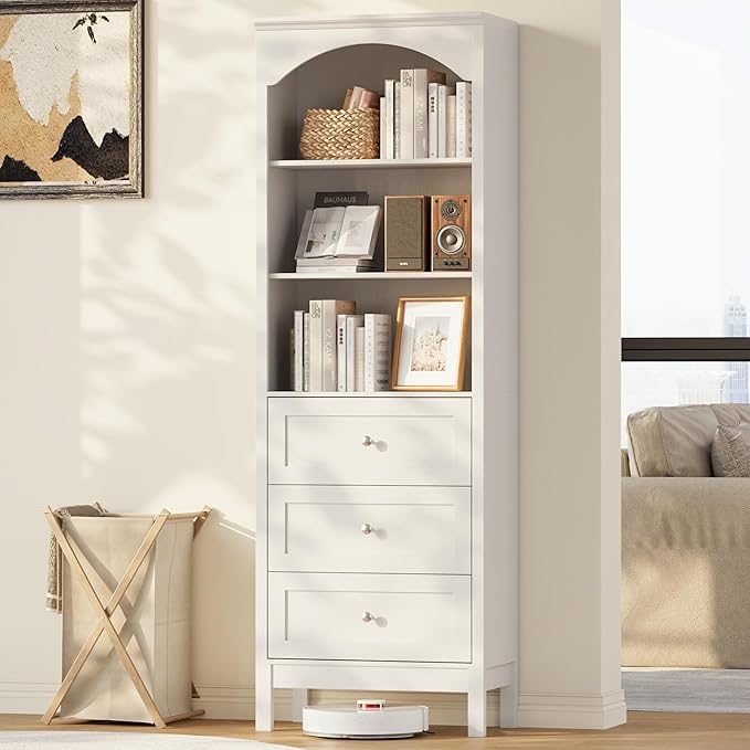 71" H Tall Bookshelf with Drawers, Farmhouse Book Shelf with 3-Tier Open Shelves, Wooden Bookcase with Storage Drawers, Freestanding Bookshelves for Bedroom, Living Room, White