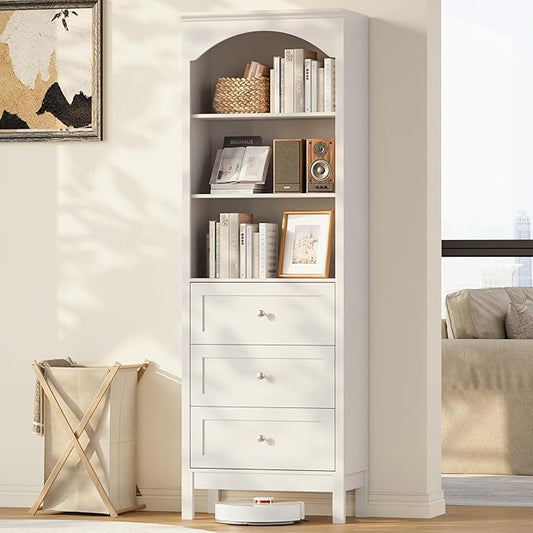 71" H Tall Bookshelf with Drawers, Farmhouse Book Shelf with 3-Tier Open Shelves, Wooden Bookcase with Storage Drawers, Freestanding Bookshelves for Bedroom, Living Room, White