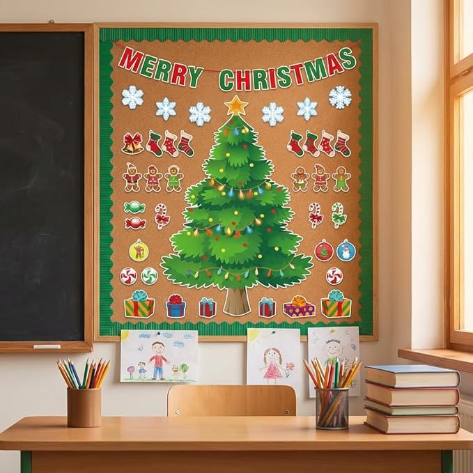 3Ft Big Christmas Tree Bulletin Board Set Christmas Tree Holiday Bulletin Board Decoration with Christmas Stockings Snowflakes Cutouts for Classroom Home Chalkboard Wall Decoration (Christmas Tree)