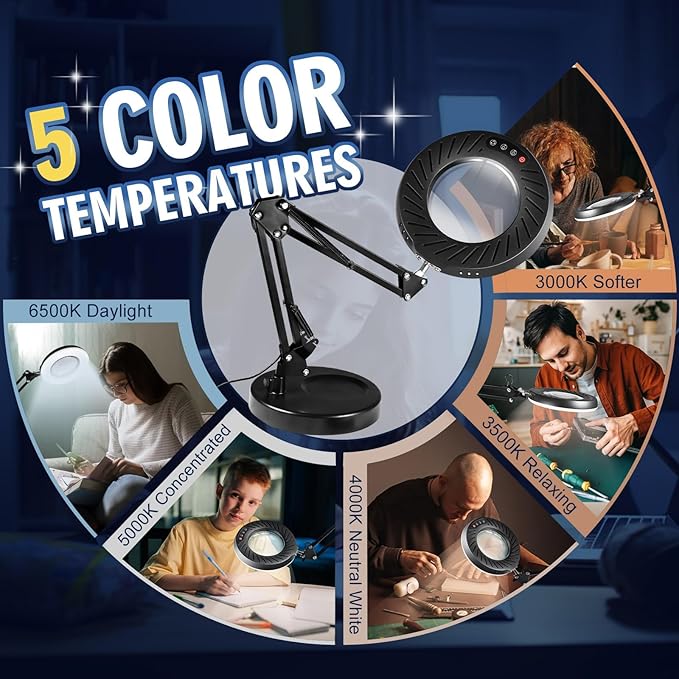 12X Magnifying Glass with Light and Stand, 144 LEDs Brightest Desktop Magnifying Lamp, 10 Dimmable Brightness 5 Color Modes, Hands Free Metal Desk Lamp for Craft Reading Painting (Black)