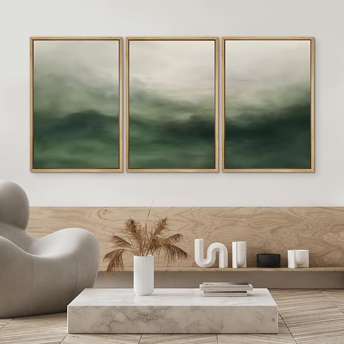 SIGNWIN Framed Canvas Print Wall Art Set Abstract Green Misty Landscape Illustrations Modern Art Decorative Boho Relax/Zen Nordic for Living Room, Bedroom, Office - 16"x24"x3 Natural