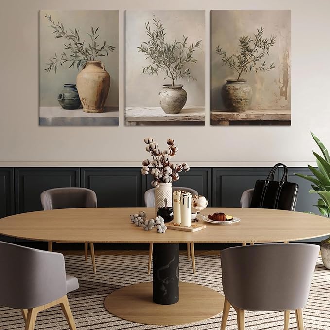 3Pcs Framed Vintage Vase Canvas Wall Art Green Rustic Olive Branch Wall Decor Pictures Antique Still Life Plant Posters Paintings Prints for Bedroom Living Room Kitchen Artwork Home Decoration