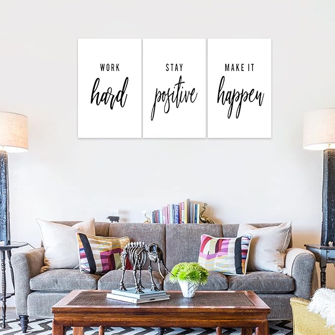 3 Piece Inspirational Wall Art, White Motivational Mindset Picture, Quote "Work Stay Make It" Canvas Print for Office Decor, Triptych Entrepreneur Poster Framed Artwork for Gym Wall Decor (72"Wx36" H)