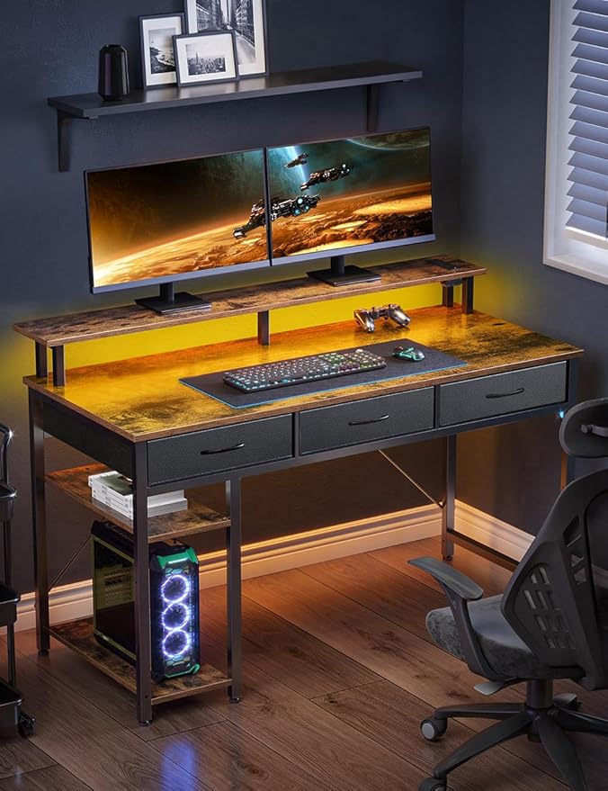 Rolanstar Computer Desk with Power Outlets & LED Light, 39 inch Home Office Desk with 3 Drawers and Storage Shelves, Writing Desk with Monitor Stand, Work Desk for Home Office,Rustic Brown