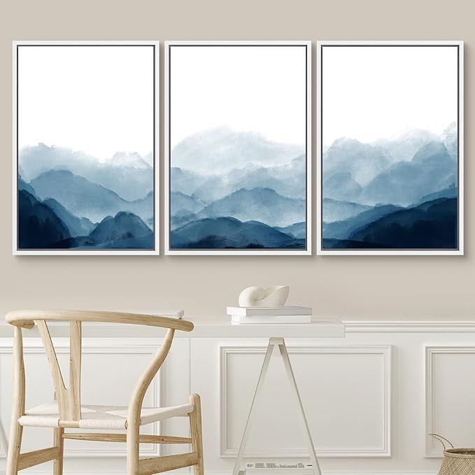 SIGNWIN Framed Canvas Print Wall Art Blue Watercolor Mountains in Fog Nature Wilderness Modern Art Rustic Cool for Living Room, Bedroom, Office - 16"x24"x3 White