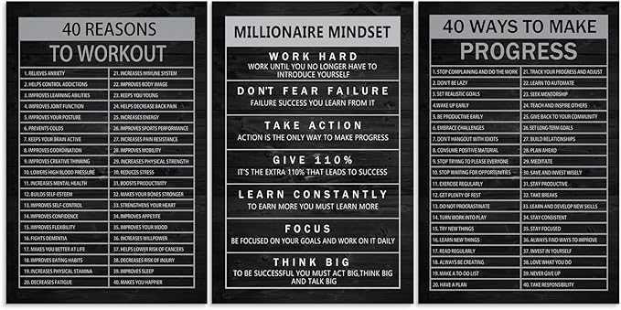 40 Reasons to Workout 3 Pieces Inspirational Wall Art Canvas Print Office Decor Wooden Framed Prints Motivational Millionaire Mindset Quotes for Wall Art Home Decoration Ready to Hang[72''Wx 36''H]