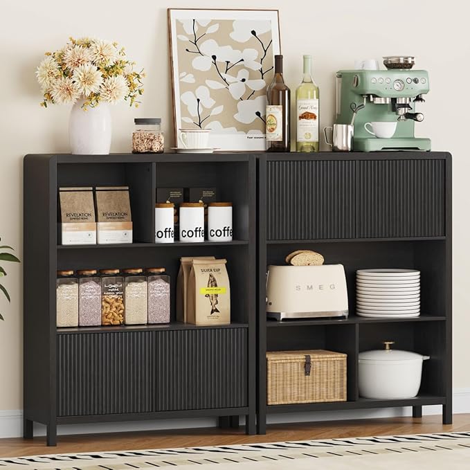 FATORRI Small Bookshelf with Storage, Wooden Cube Bookcase with Doors, Cube Storage Organizer for Home Office, Bedrooom, Living Room (Black)