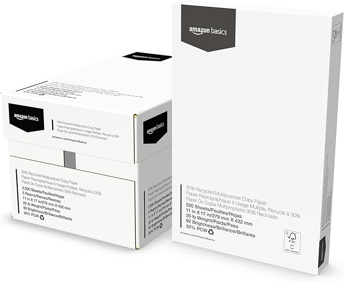 Amazon Basics 30% Recycled Multipurpose Copy & Print Paper, 11 x 17 Inches, 20 lb Weight, 92 Bright, White, 2500 Sheets (5 Reams)