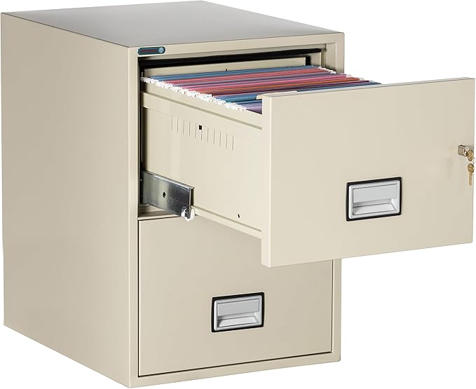 25 inch 2-Drawer Vertical Fireproof File Cabinet – Legal and Letter Size Filing – Key Lock – Water Resistant Seal – Fire and Impact Rated – Putty Finish – Model LGL2W25P