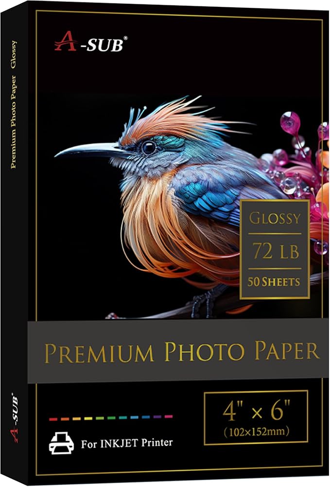 A-SUB Premium Photo Paper High Glossy 4x6 Inch 72lb for Inkjet Printers 50 Sheets, Single Sided
