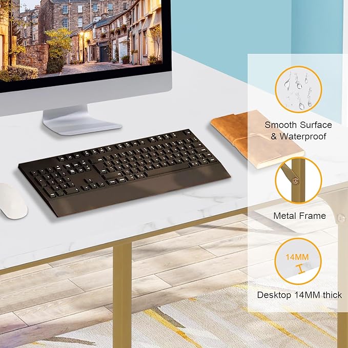 Computer Desk,39 Inch Home Office Desk Modern Writing Table with Metal Frame for Home Office and Study,Gold