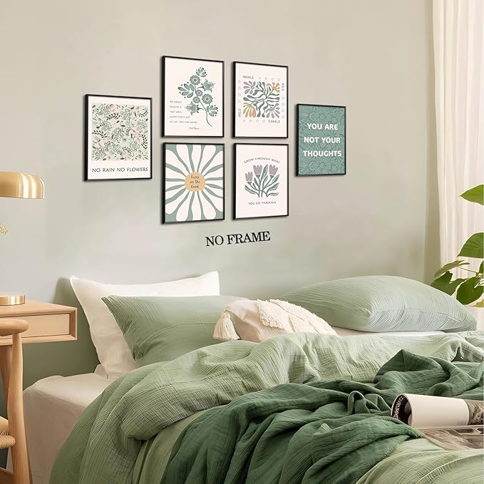 Sage Green Floral Canvas Wall Art Poster Set of 6, Motivational Mental Health Pictures Wall Decor, Inspirational Quotes Botanical Paintings Prints for Therapy Office Living Room Home 12x16in Unframed