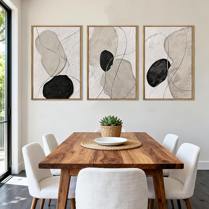 ANHUIB Neutral Abstract Wall Art Canvas,Mordern Geometric Wall Decor Framed,Contemporary Minimalist Artwork, Black Beige Canvas Prints, 3 Piece 24 * 36IN Painting for Living Room Bedroom Office