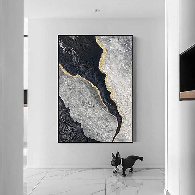 ZHMANLUCK Office Wall Decor Artwork Painting Abstract Art Black Grey White Painting Canvas Painting Modern Wall Art Living Room 95x190cm/(38x75inch) with-Black-Frame
