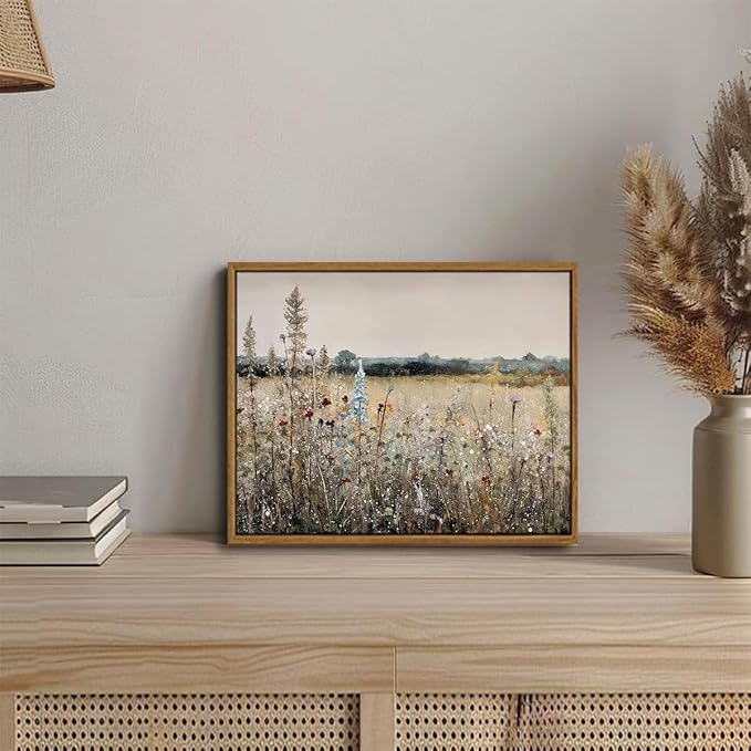 OIQArtOIQ Vintage Wildflowers Landscape Wall Art Framed Floral Natural Scenery Oil Painting Canvas Prints Country Farmhouse Decor Pictures Kitchen Bedroom Living Room Bathroom