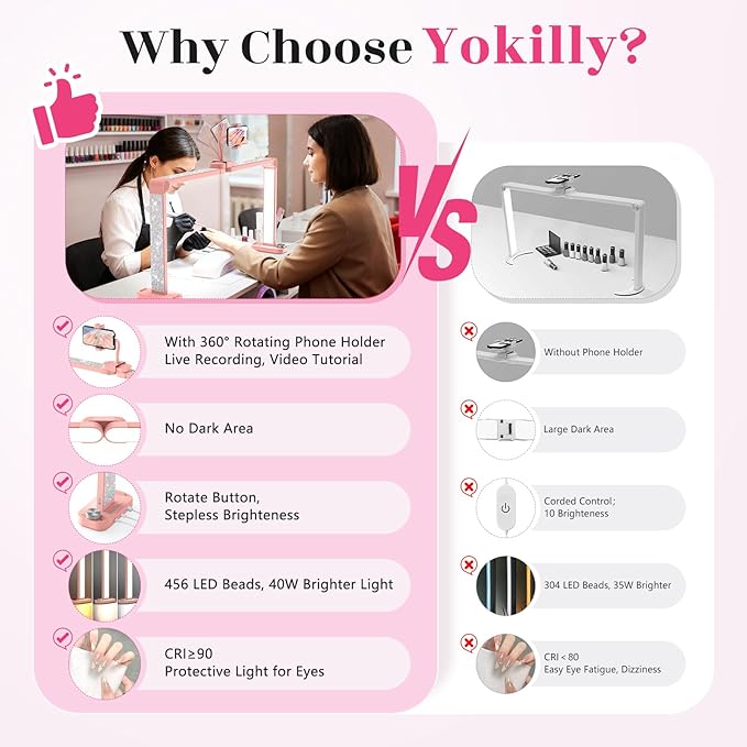 Yokilly 48W Half Moon Light: 34" Shadow-Free Half Moon Light for Desk Salon - Foldable LED Desk Lamp with Stepless Brightness 3000K-6500K for Manicurist Nail Tech (Pink Diamond, Large)
