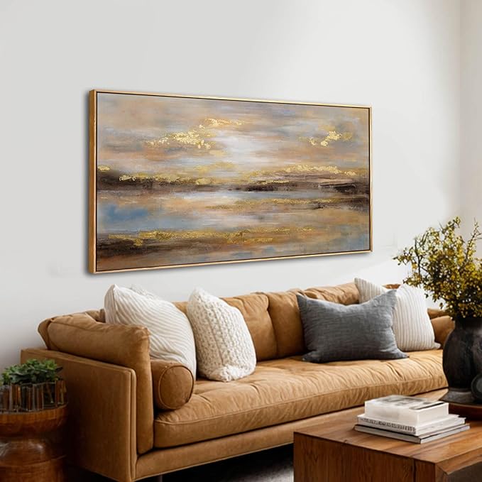 Gold Abstract Wall Art Decor Neutral Canvas Pictures Wooden Framed Wall Decor Colorful Art Prints for Living Room Dining Room Bedroom 24x48 Inch