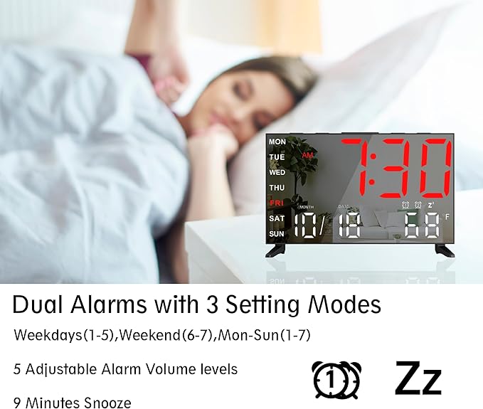 Mirror Digital Loud Alarm Clock,Indoor Temperature,USB Charging Port,Dimmer,Dual Alarms,Adjustable Volum,12/24H,Snooze,Perfect for Bedroom and Living Room (Black+Red Digit)