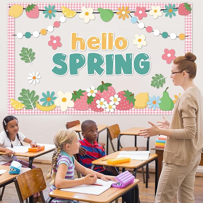 Hello Spring Bulletin Board Set Spring Fruit Floral Classroom Decoration Colorful Flowers Strawberry Paper Cutouts Flowers Theme Bulletin Board for School Classroom Chalkboard Wall Decor