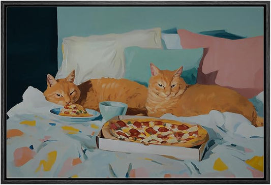 MUDECOR Framed Canvas Print Wall Art Vibrant Cat and Pizza Illustrations Minimalism Decorative Relax Colorful for Living Room, Bedroom, Office - 16"x24" BLACK