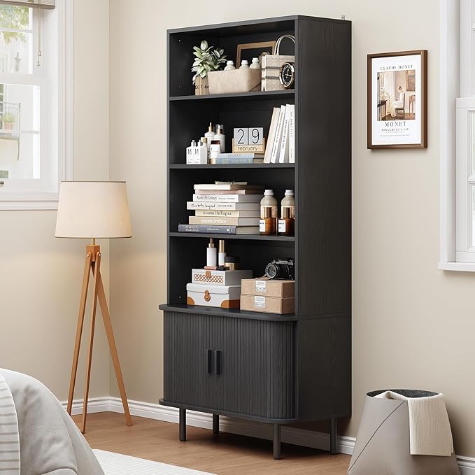 ONBRILL 71" Tall Bookshelf, 4-Tier Bookcase with Storage Cabinet & Adjustable Shelves, Floor Standing Wooden Bookshelf with Sliding Door and Adjustable Footpad, for Home Office, Living Room, Black