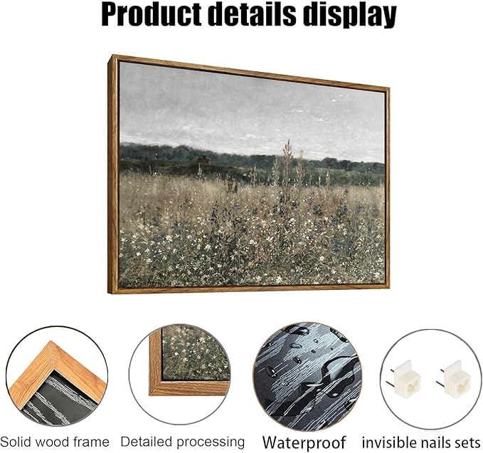 OIQArtOIQ Vintage Framed Wall Art Wildflower Field Meadow Canvas Art Prints Rustic Farmhouse Landscape Pictures Wall Decor Modern Cottagecore Paintings Artwork For Bedroom Bathroom Office Living Room
