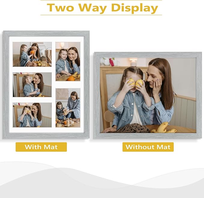 Golden State Art, 11x14 Grey Wooden Frame with White Mat - Displays Five 4x6 Photos - Tempered Glass - Wall Mounting, Portrait, Set of 2