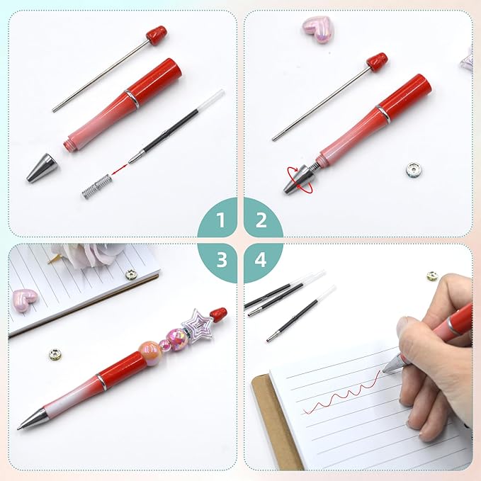 200 Pack Beadable Pens Refills Bulk - Red Ink Ballpoint Pen Refill, Smooth Writing Ink Refills for DIY Pen Making, Beaded Pens Supplies with Storage Box for DIY Lovers, Teachers