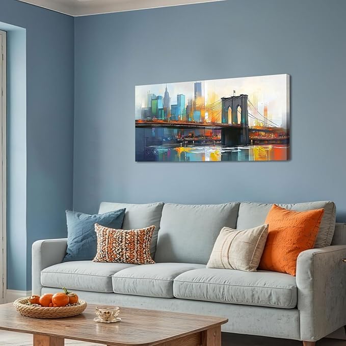 Arjun Cityscape Wall Art New York City Canvas for Living Room Painting Brooklyn Bridge Manhattan Bedroom Wall Art for Men Modern Blue Picture Grey Artwork Large Framed Home Office Wall Decor 40"x20"