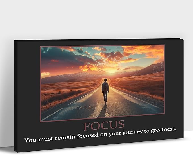 UZMKM - Inspirational Canvas Wall Art, FOCUS Mindset Quotes Man Walking in Road Picture Prints, Success Framed Company Poster, Positive Quotes Wall Painting for Home Office Workplace 12x18 Inch