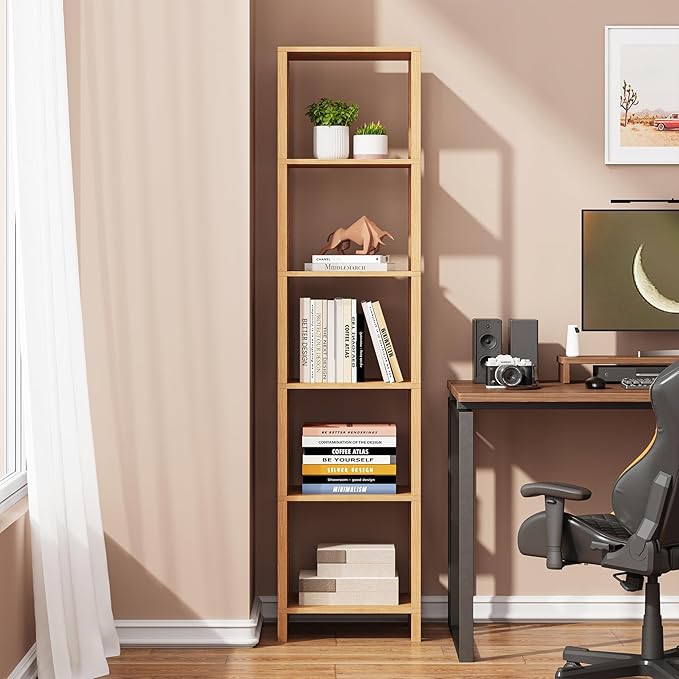 TUTOTAK Bookshelf, 6-Tier Tall Book Shelf, Narrow Bookcase for Small Space, DIY Stackable Bookshelf, for Living Room, Office, Study, Entryway, Industrial, Natural BS01BN006