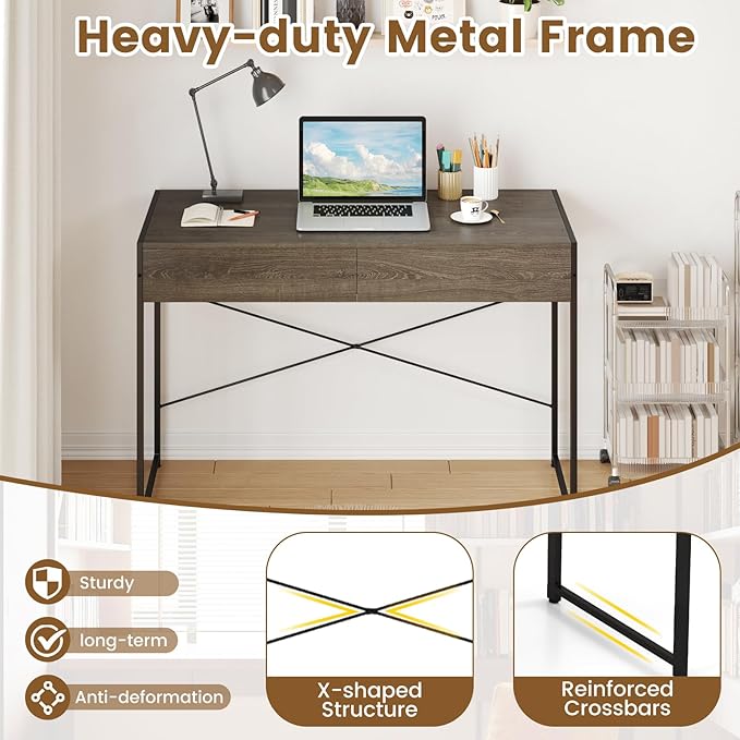 Giantex Computer Desk with 2 Drawers, 44 Inch Home Office Desk with Anti-Toppling Device & Metal Frame, Compact Laptop PC Table, Vanity Table, Modern Study Writing Desk for Small Spaces (Grey Oak)