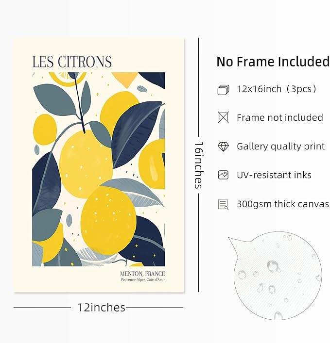 Fruit Market Wall Art Decor Kitchen Lemon Pictures Wall Art Fruit Botanical Prints Poster Orange Green Canvas Kitchen Artwork for Dining Room 12x16 Inch Unframed Set of 3
