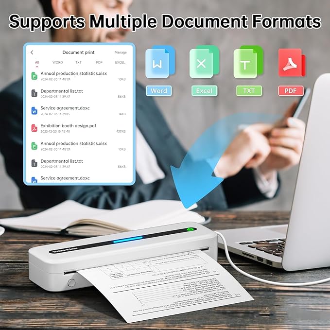 Portable Printer, 300DPI Wireless Bluetooth Thermal Printers, Support Multi-Size Thermal Paper, Compatible with iOS, Android & PC, Inkless Mobile Printer for Travel, Office, School, White