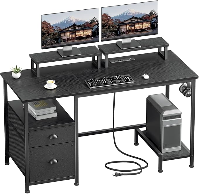Furologee 47" Computer Desk with File Cabinet and Power Outlets, Home Office Desk with 2 Monitor Stands and Storage Drawer, Gaming Table with Shelves and 2 Hooks for Bedroom, Black