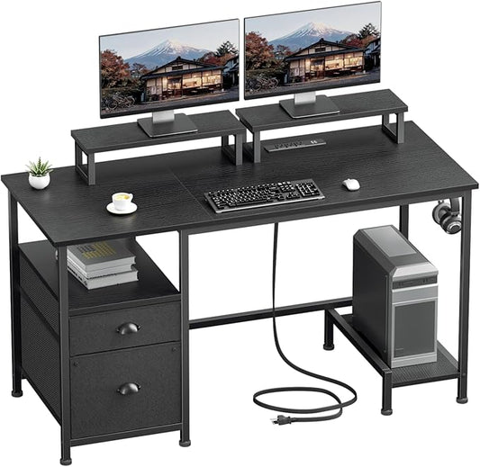 Furologee 47" Computer Desk with File Cabinet and Power Outlets, Home Office Desk with 2 Monitor Stands and Storage Drawer, Gaming Table with Shelves and 2 Hooks for Bedroom, Black