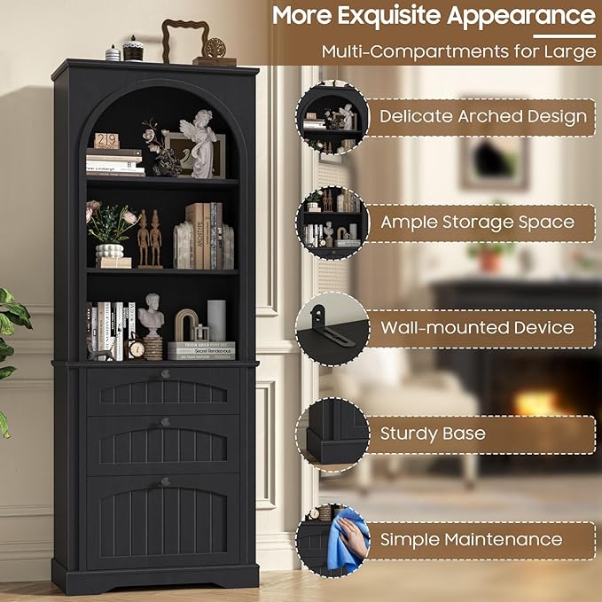 Farmhouse File Cabinet Fits Letter/Legal/A4 Size Hanging File Folders, 3-Tier Floor Standing Bookcase with File Drawer and Open Shelf, Wood Filing Cabinet Printer Stand for Home Office, Black